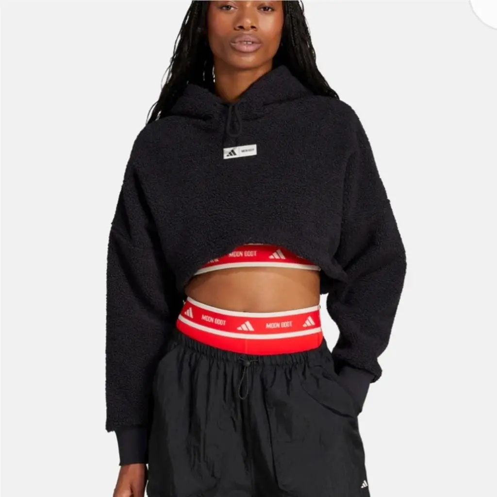 Adidas Moon Boot Collab Women`s Black Cropped Hoodie Sherpa Fleece Sweatshirt L