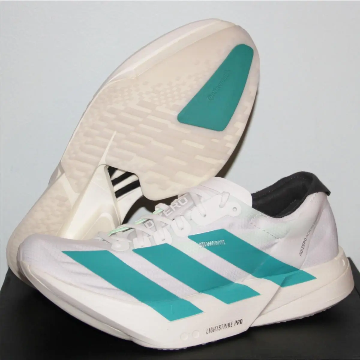 Men`s Adidas Adizero Adios Pro 4 Racing Shoes White / Teal Sz 8 JR1267