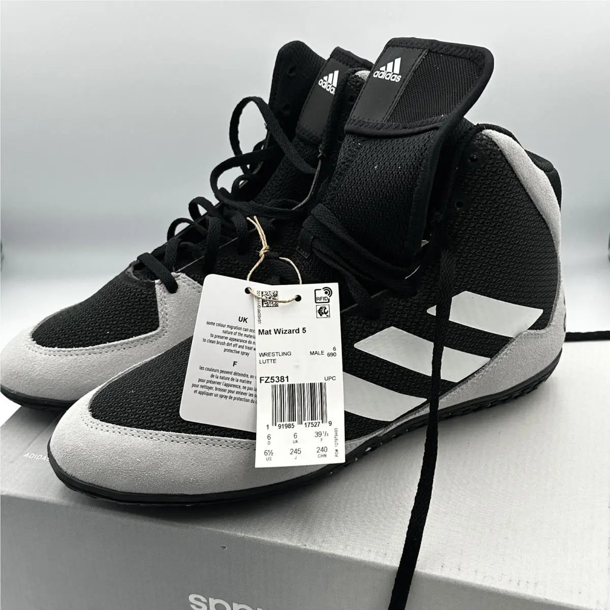 Adidas Shoes Mens Size 6.5 Black White Gray Mat Wizard 5 Wrestling Grip FZ5381