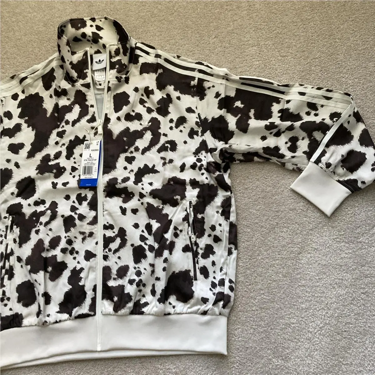 Adidas Originals Women’s Classics Satin Track Jacket Large Animal Cow Print