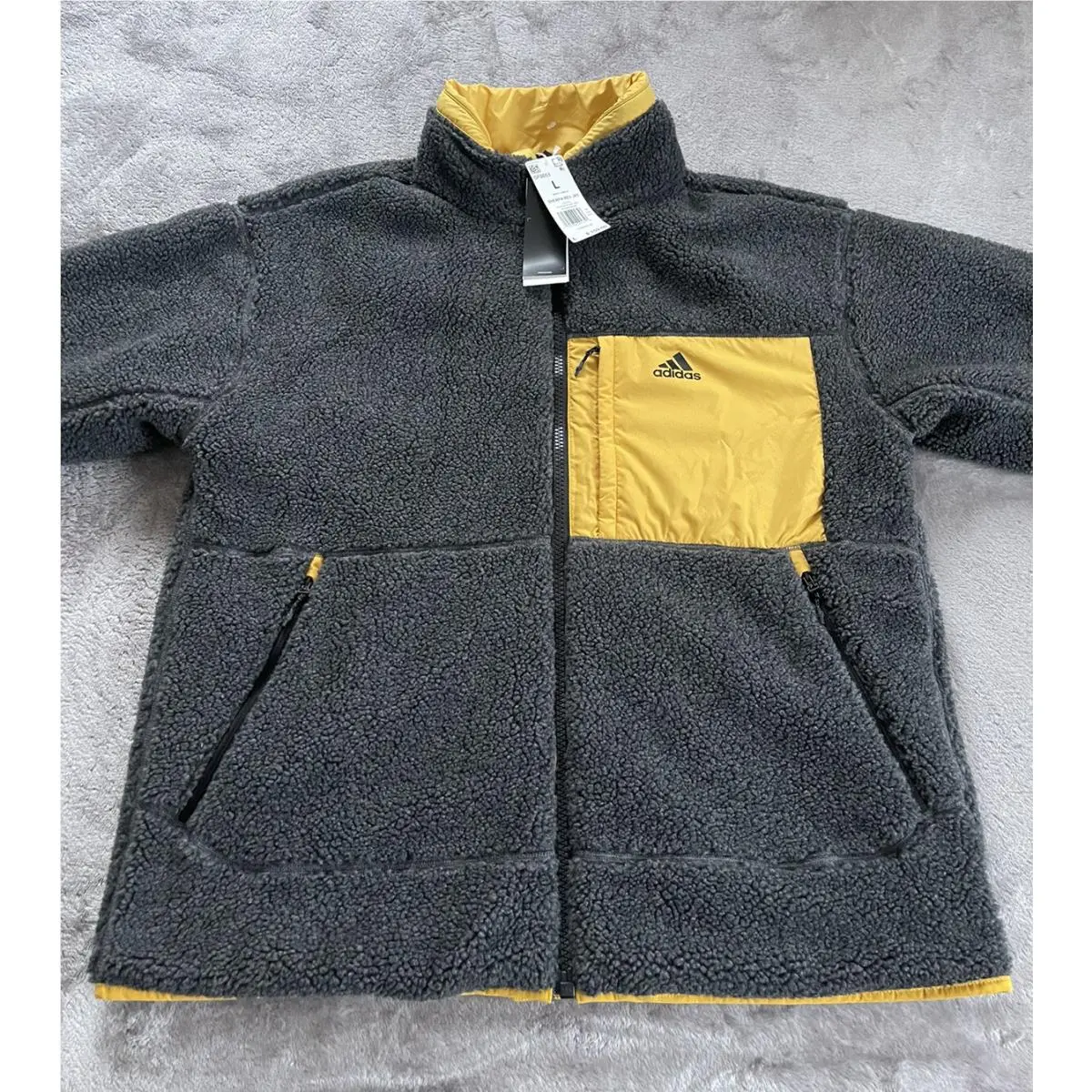 Adidas clothing - 2020 Men Sherpa Reversible Athletic Track Top Casual Jersey - GF0053 - Dark-gray, Yellow (UPC: 0191980091758) 1