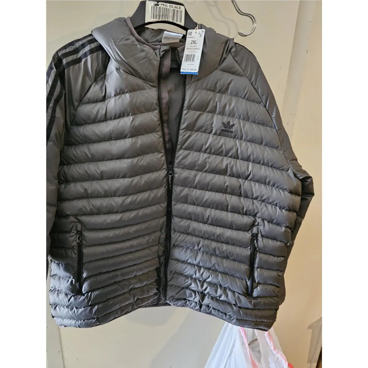 Adidas Padded Puffer Jacket Black Full Zip Hooded 3 Stripes IK4022 Mens Size 2xl