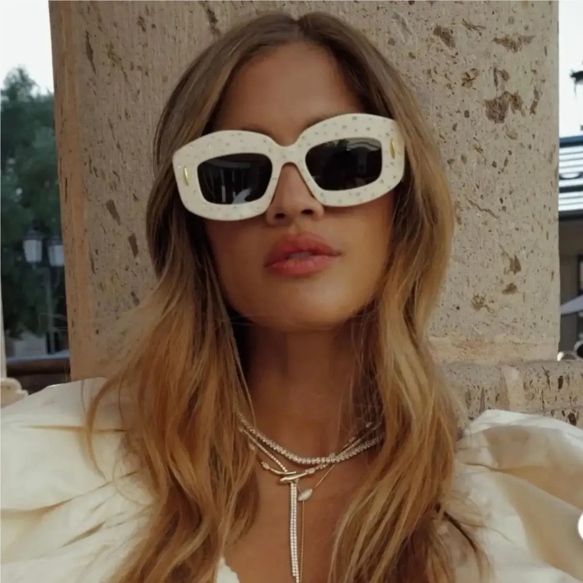 Loewe LW4114IS 25E Women’s Sunglasses Ivory Crystal Studs Brown Lenses