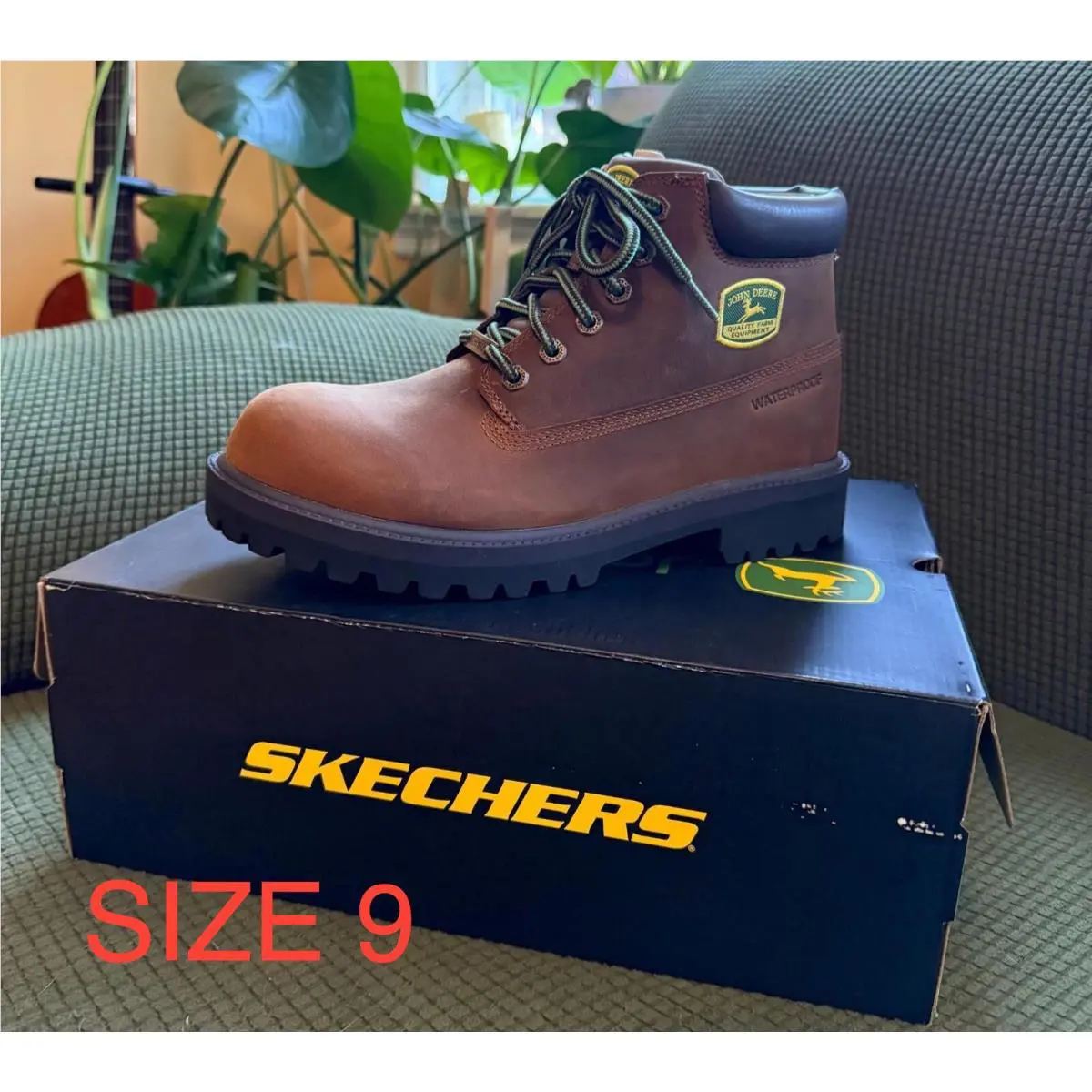 Skechers John Deere Waterproof Work Boots Men`s Brown Leather Safety Shoes Size 9