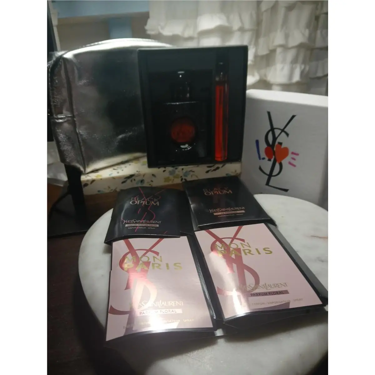 Black Opium 1Oz + 0.33 Oz- 2 Piece Gift Set + Samples + Bag by Yves Saint Laurent