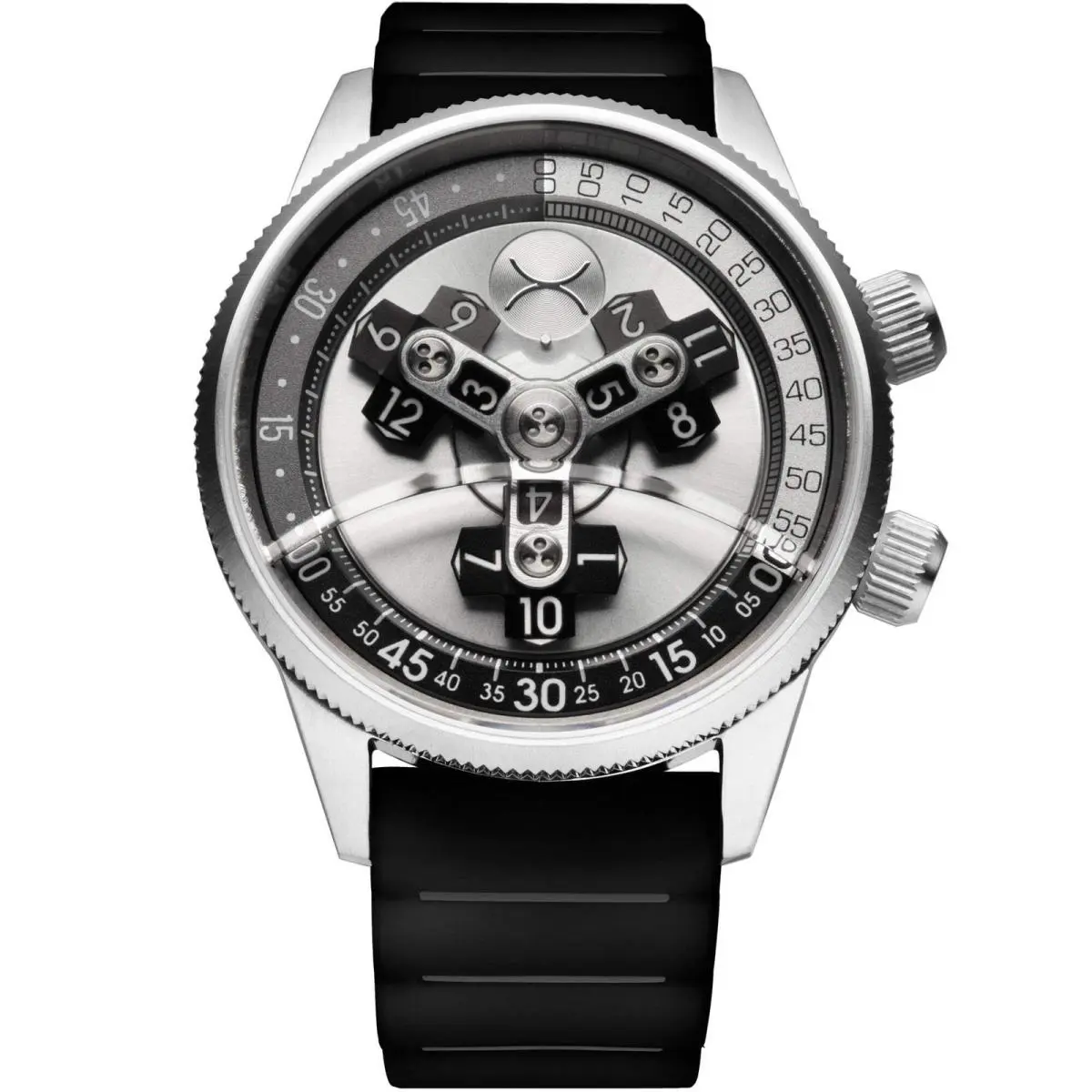 Vendetta II Automatic Wandering Hour Silver Black Watch by Xeric