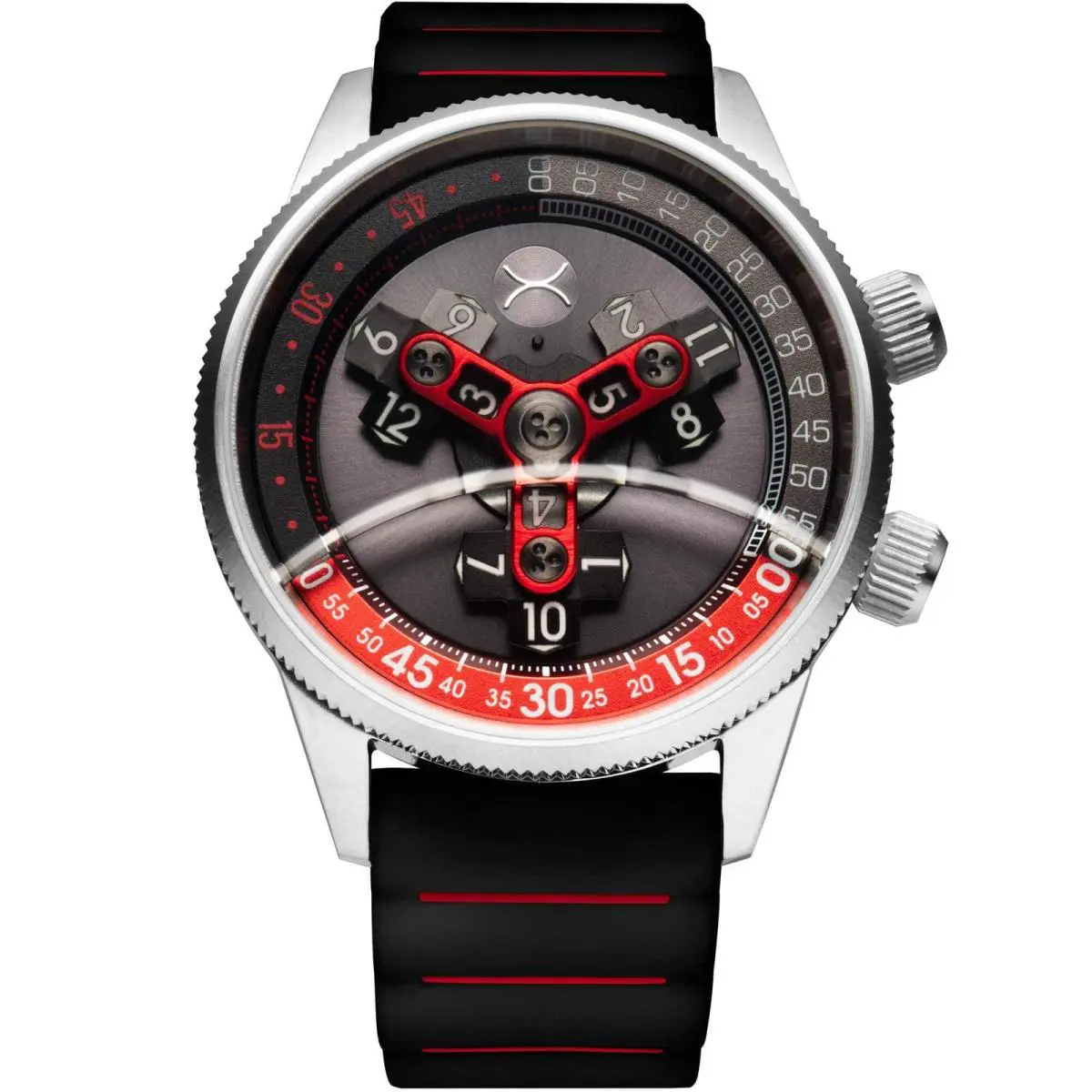 Vendetta II Automatic Wandering Hour Black Gray Red Watch by Xeric