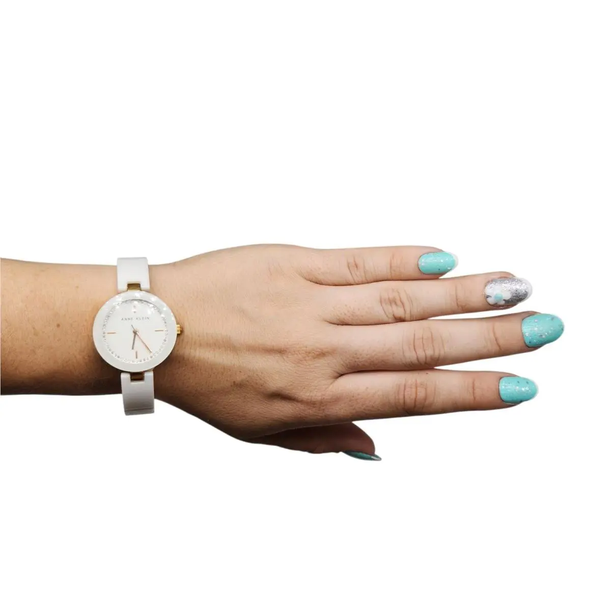 Anne Klein Watch Womens White Ceramic Gold Tone Crystal Battery Dressy