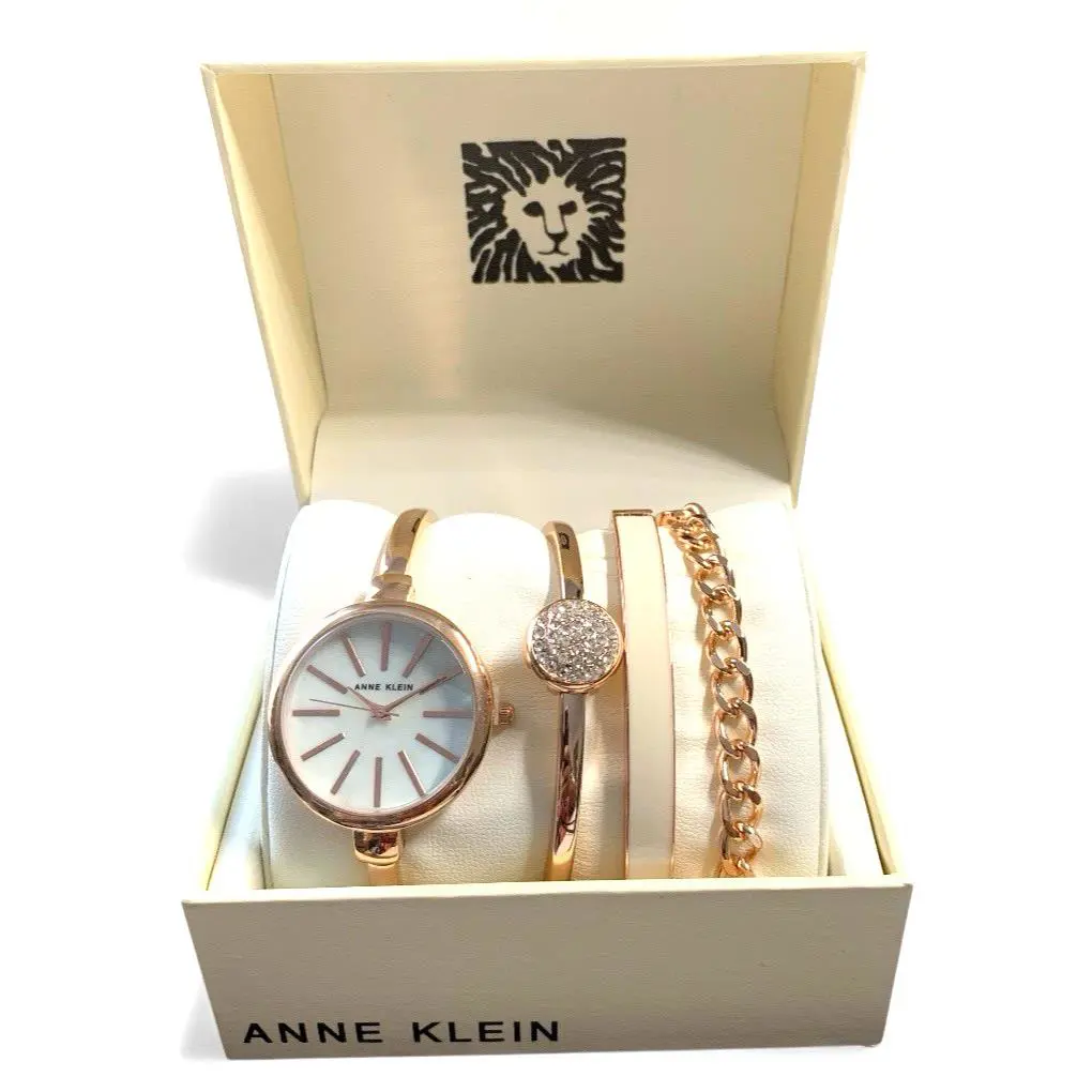 4 Pc Set Anne Klein Women`s Gold-tone Alloy Bangle Fashion Watch 41mm Boxed