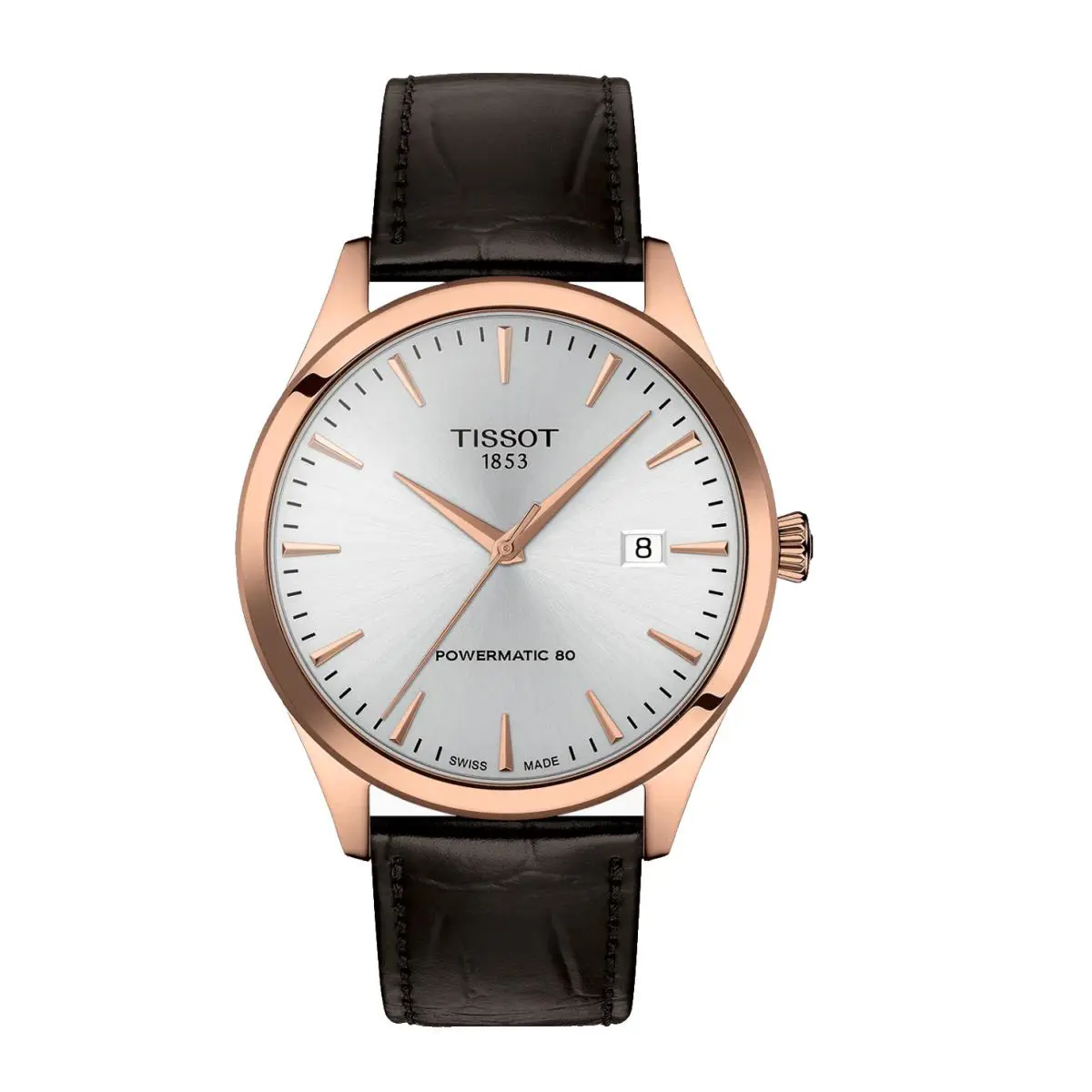 Tissot T158.407.36.031.00 Classic Dream Rose Gold Pvd 40mm Automatic Men`s Watch - Dial: Silver, Band: Brown, Bezel: Rose Gold