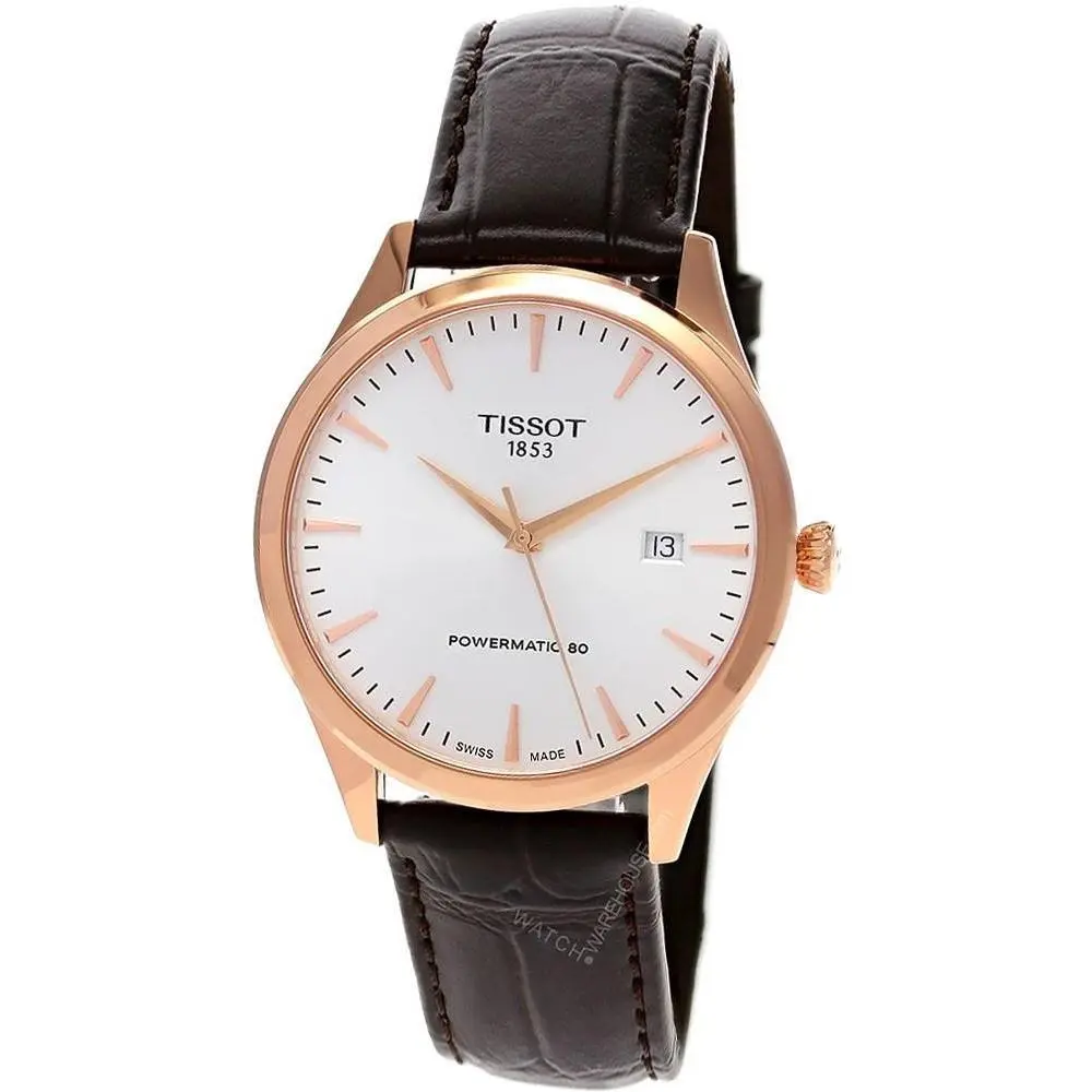 Tissot Classic Dream Auto 40mm Silver Dial Leather Mens Watch T158.407.36.031.00 - Dial: Ivory, Silver, Band: Brown, Bezel: Rose Gold
