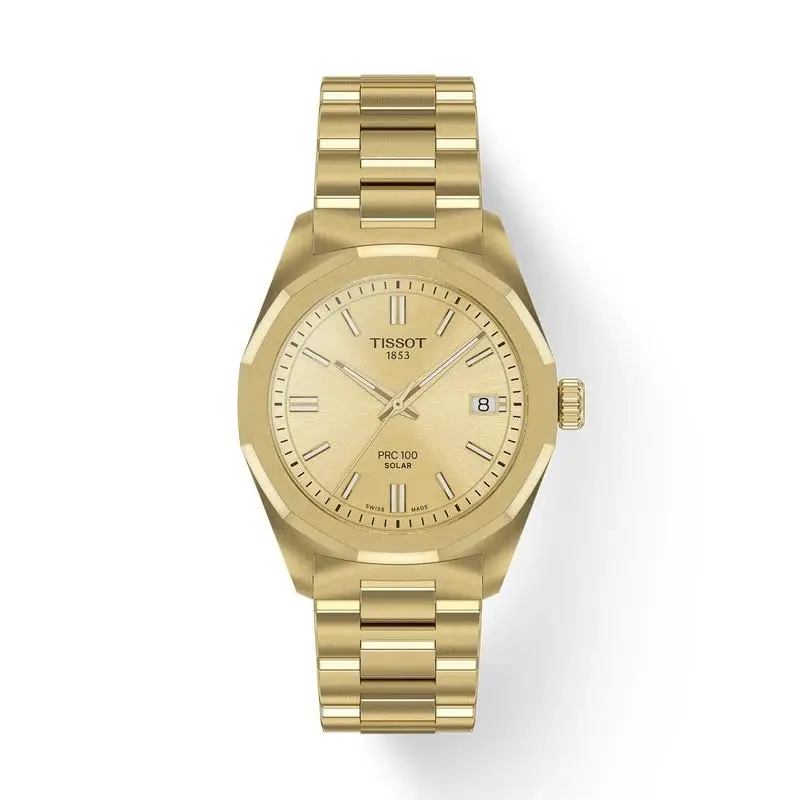 Tissot Prc 100 Solar 34mm Gold Stainless Steel Watch T1518223302100 - Dial: Gold, Band: Gold