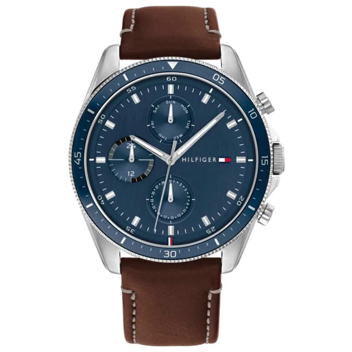 Tommy Hilfiger 1791837 Men`s Blue Multifunction Analog Watch Brown Leather Strap
