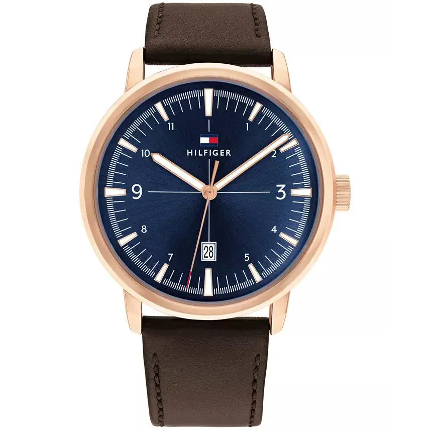Tommy Hilfiger Men`s Brown Leather Strap Watch 44mm - Brown - Dial: Black, Band: Brown, Bezel: Gold