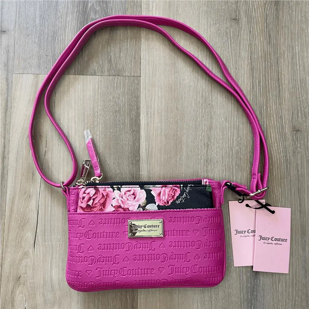 Juicy Couture Fuchsia Hot Pink Heart Deboss Crossbody Purse with Wallet