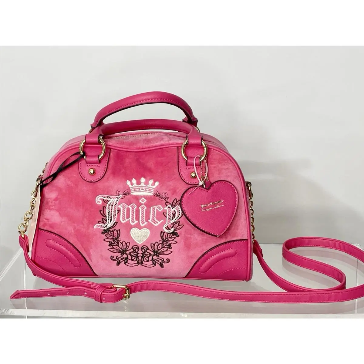 Juicy Couture Bowler Bag Purse Bright Hot Fuchsia Pink Velour Crown Heart