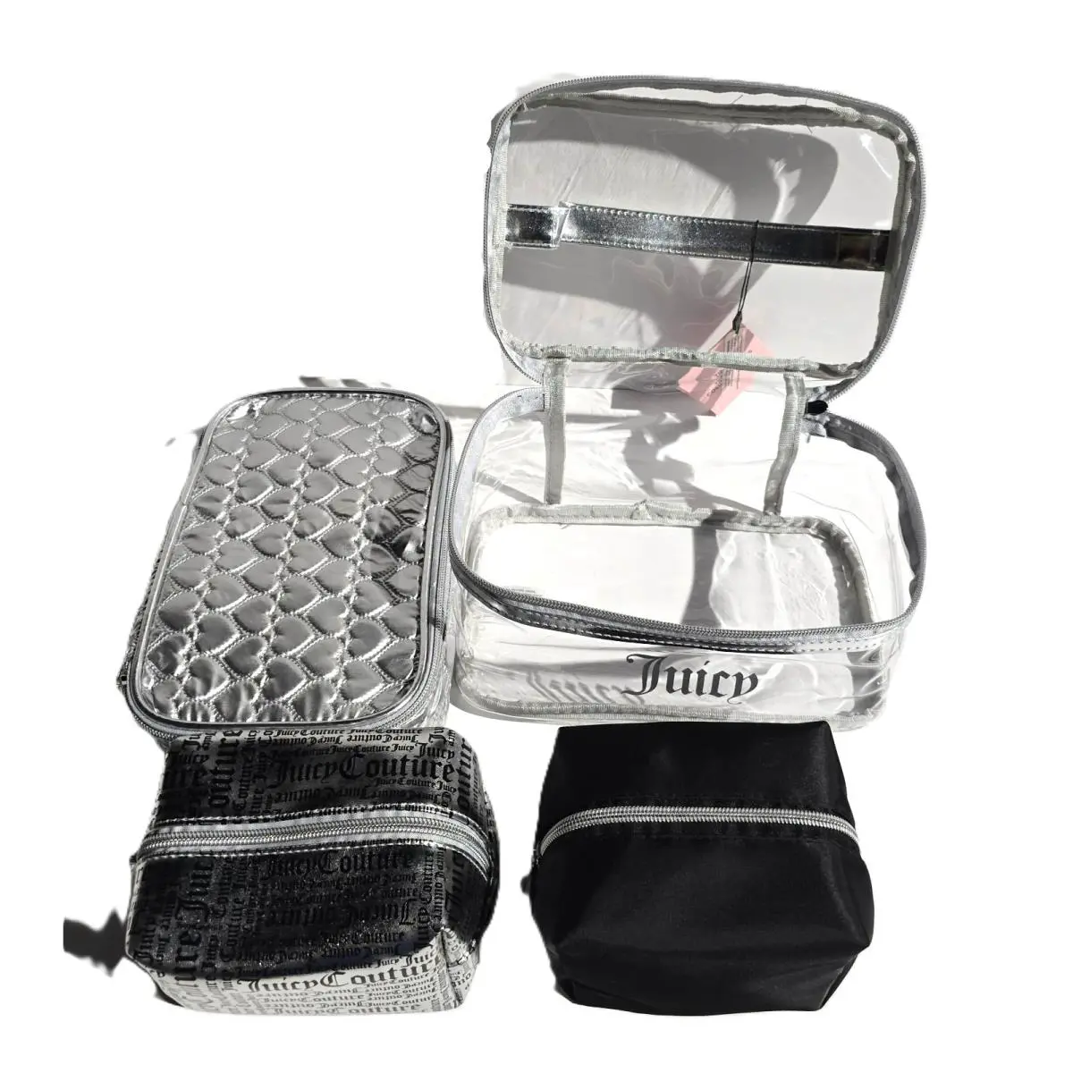 Juicy 4 Pcs Nested Set Clear Silver Logo Cosmetic Travel Bag Pouch CASE+1 Bottle