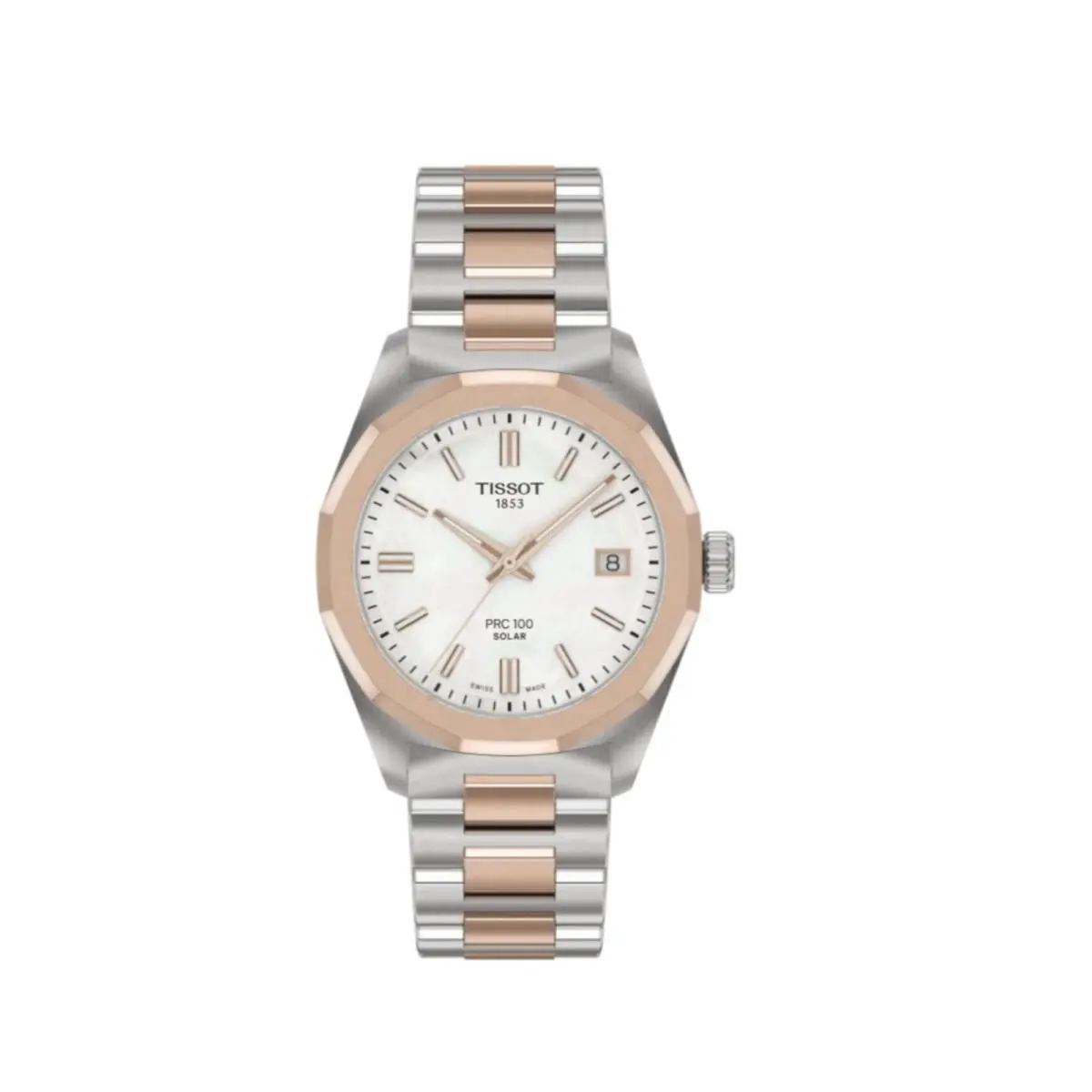 Tissot Women`s Prc 100 Solar 34mm - T1518222211100 - Dial: White, Band: Gold, Silver, Bezel: Silver
