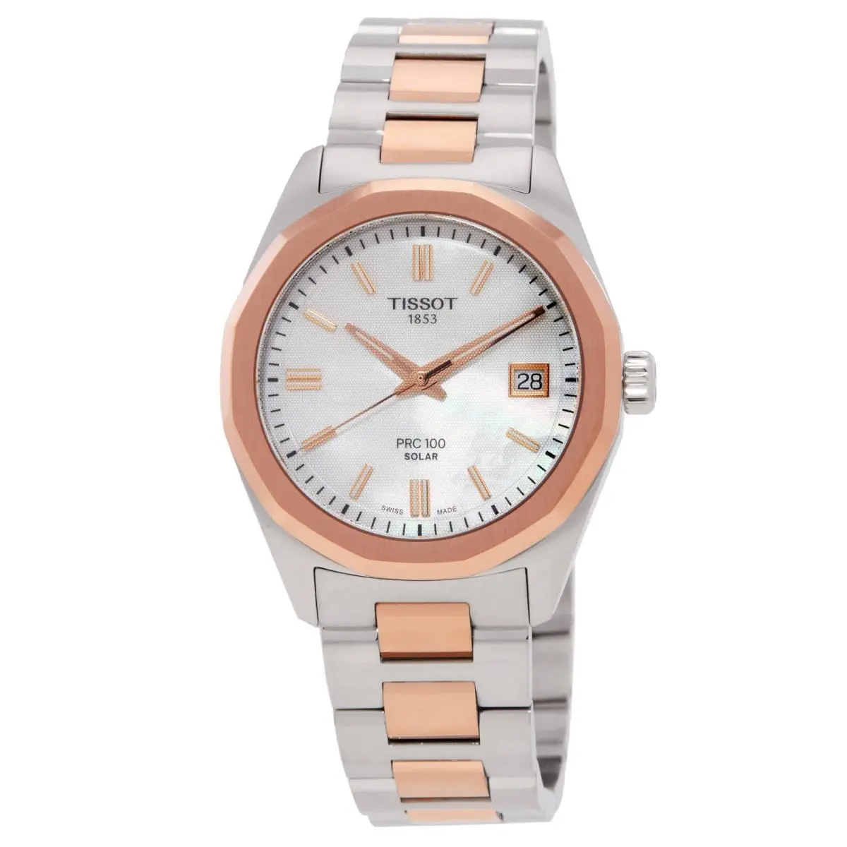 Tissot Prc 100 Quartz Solar White Mop Dial Ladies Watch T1518222211100 - Dial: White Mother of Pearl, Band: Two-tone (Silver-tone and Rose Gold PVD), Bezel: Silver-tone