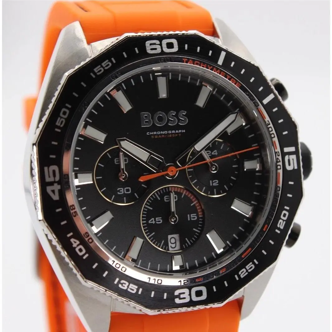 Hugo Boss 44 MM HB 1513970 Orange Silicon Men`s Watch