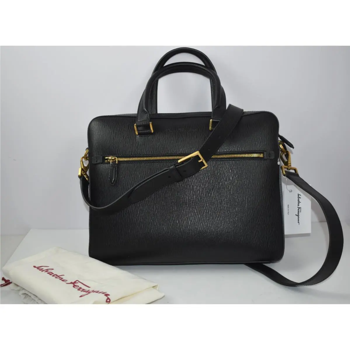 Ferragamo Black Pebble Calf Leather Convertible Briefcase Shoulder Strap Bag by Salvatore Ferragamo