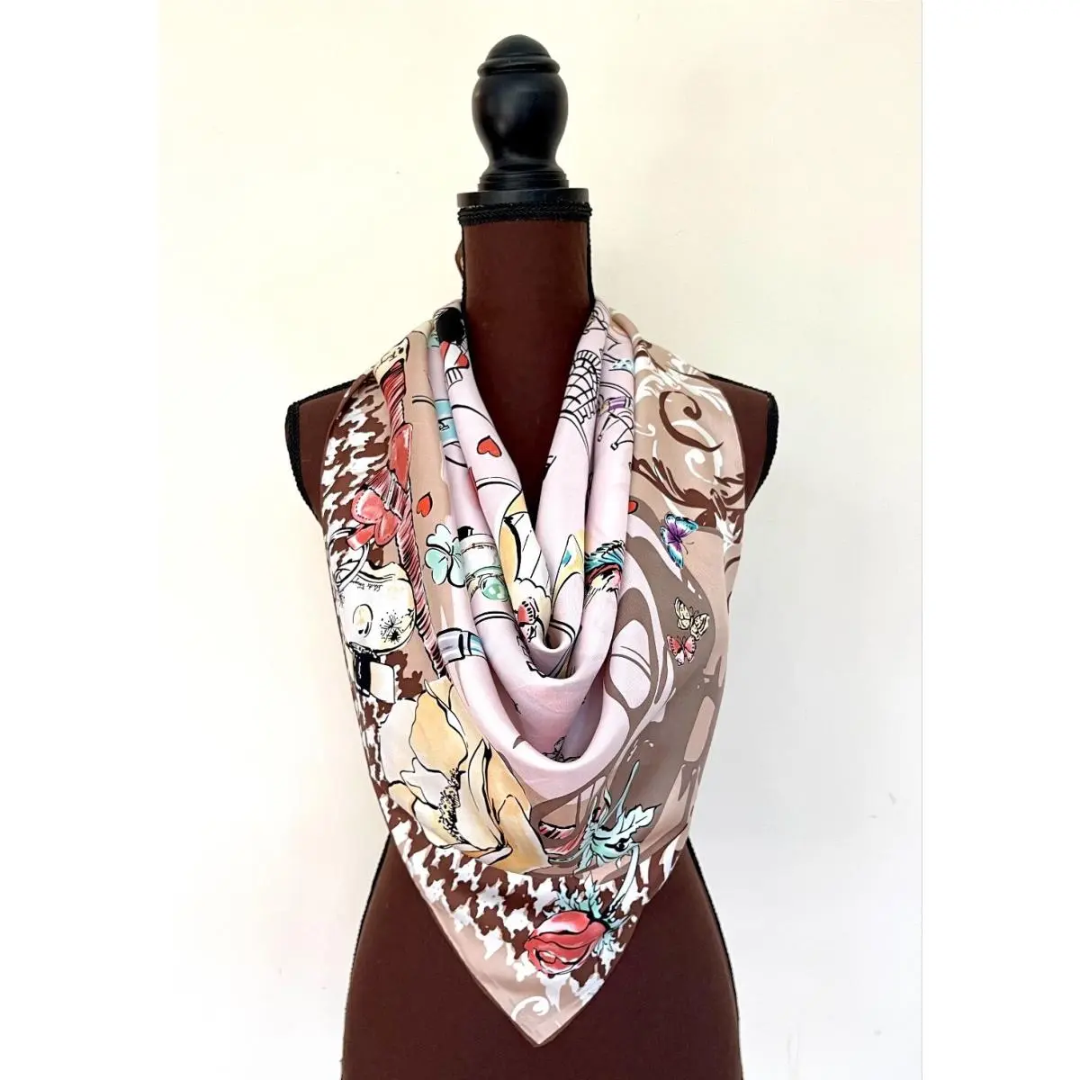 Unisex Salvatore Ferragamo Square Silk Scarf Icons Beauty Brown Beige Wrap