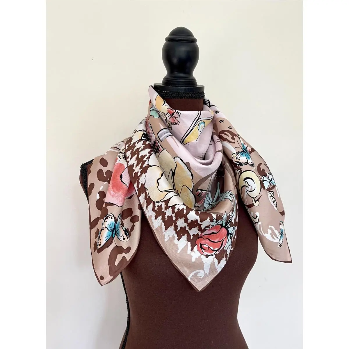 Salvatore Ferragamo Beauty Icons Floral Leo Print Brown Beige Silk Scarf