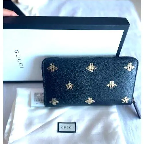 Gucci Bee Star Design Black Leather Long Wallet Women Zip Around Gold Italy
