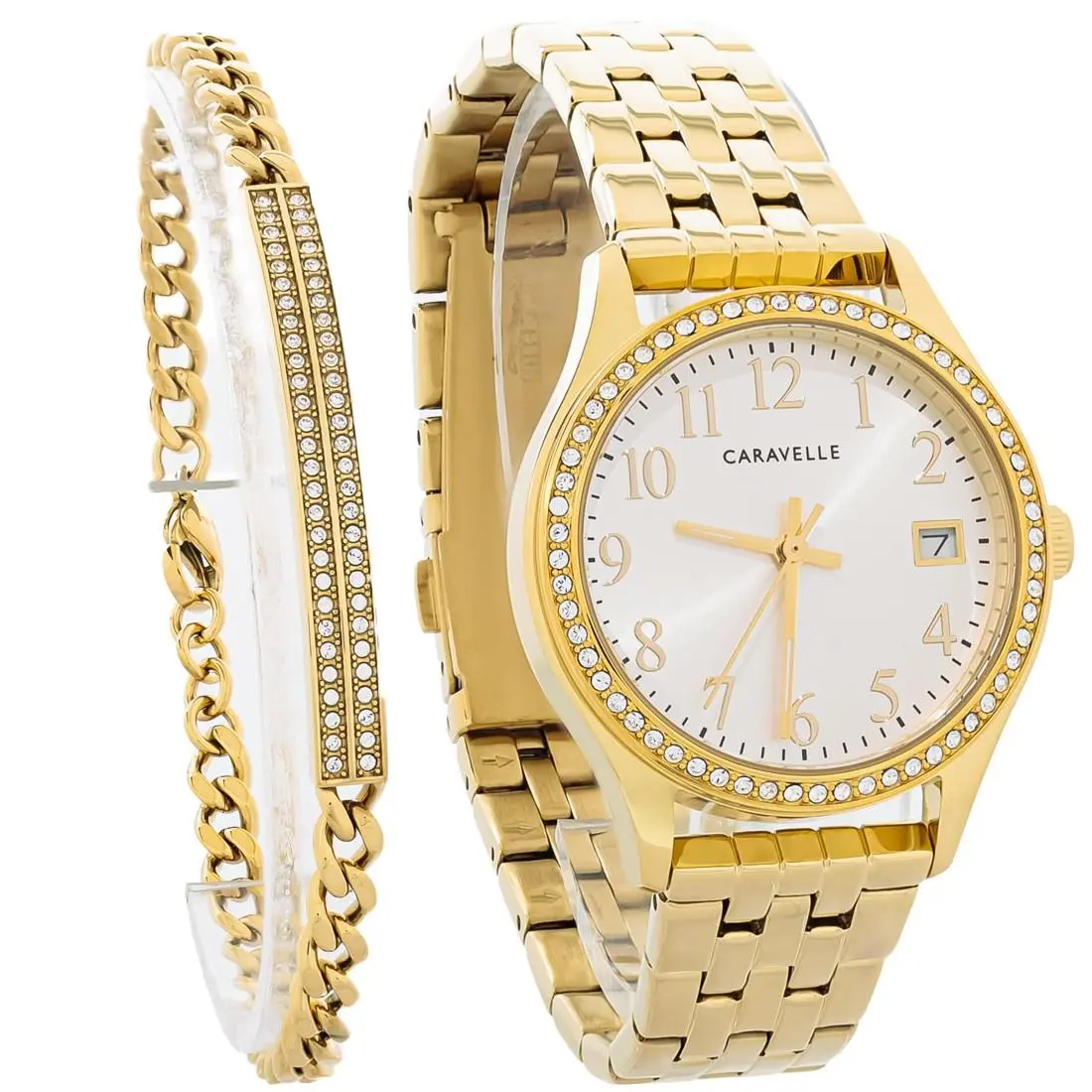 Caravelle By Bulova Women`s Bracelet Set Crystal Gold-tone Quartz Watch 44X101 - Face: Silver, Dial: Silver, Band: Gold