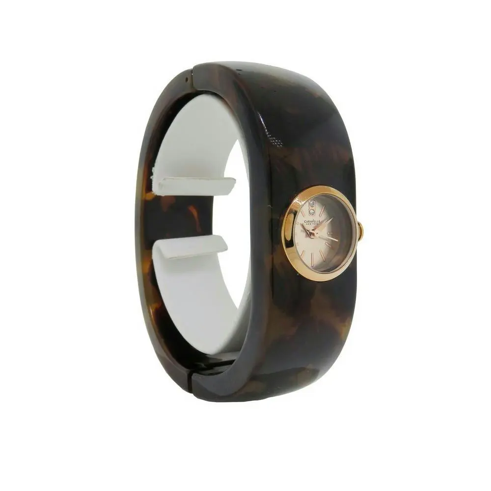 Caravelle New York 44L139 Women`s Round Tortoise Shell Analog Bangle Watch - Dial: Rose Gold, Band: Brown, Bezel: Rose Gold
