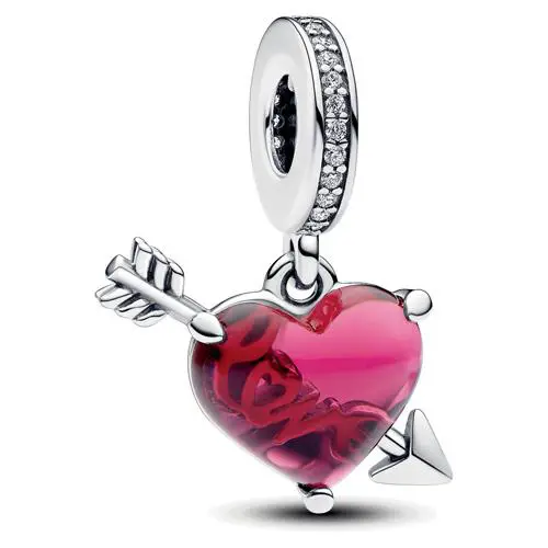 Pandora Red Heart Arrow Murano Glass Dangle Charm Sterling Silver 793085C01