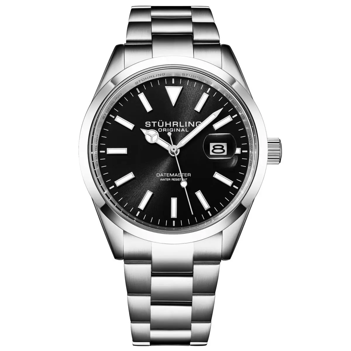 Stuhrling 4065 1 Datemaster Date Black Stainless Steel Bracelet Mens Watch