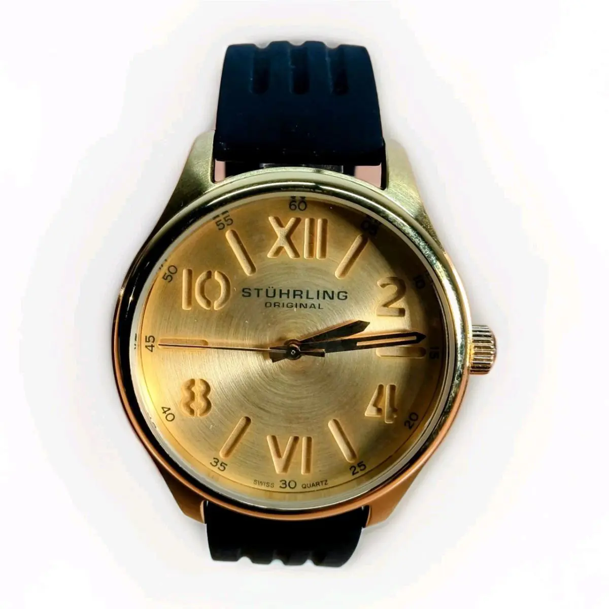 Stuhrling St Hrling Men`s Gold Tone Dress Watch Roman Numerals Black Rubber Strap