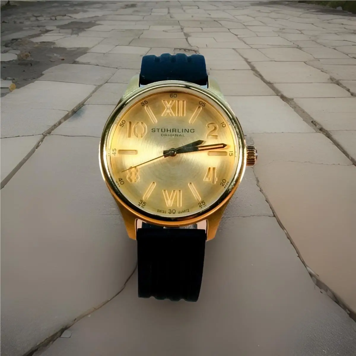 Stührling Men`s Gold Tone Dress Watch Roman Numerals Black Rubber Strap