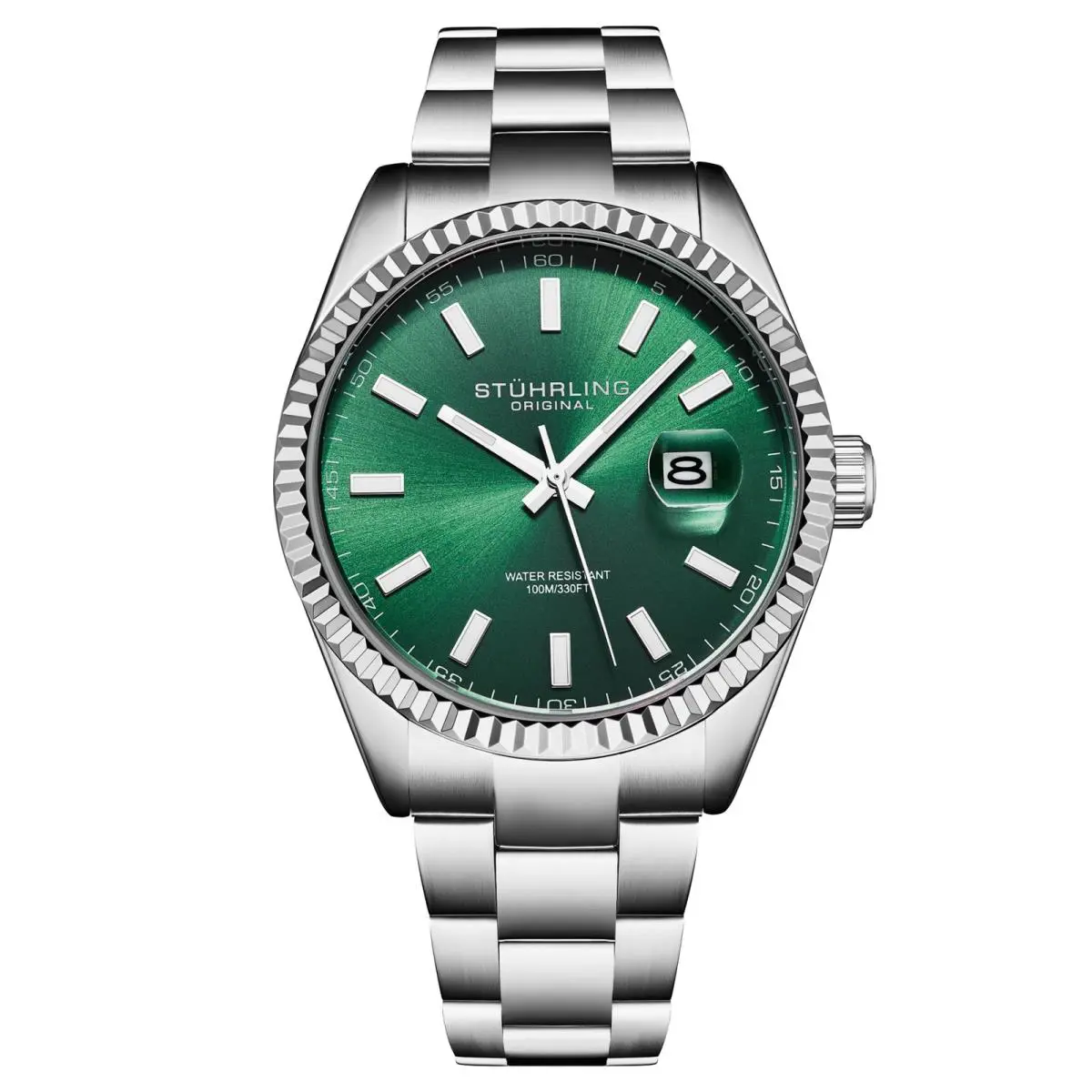 Stuhrling 4069 3 Vanguard Quartz Date Green Stainless Steel Bracelet Mens Watch