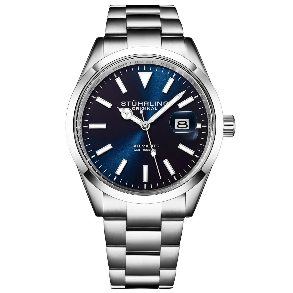 Stuhrling 4065 2 Datemaster Date Blue Stainless Steel Bracelet Mens Watch