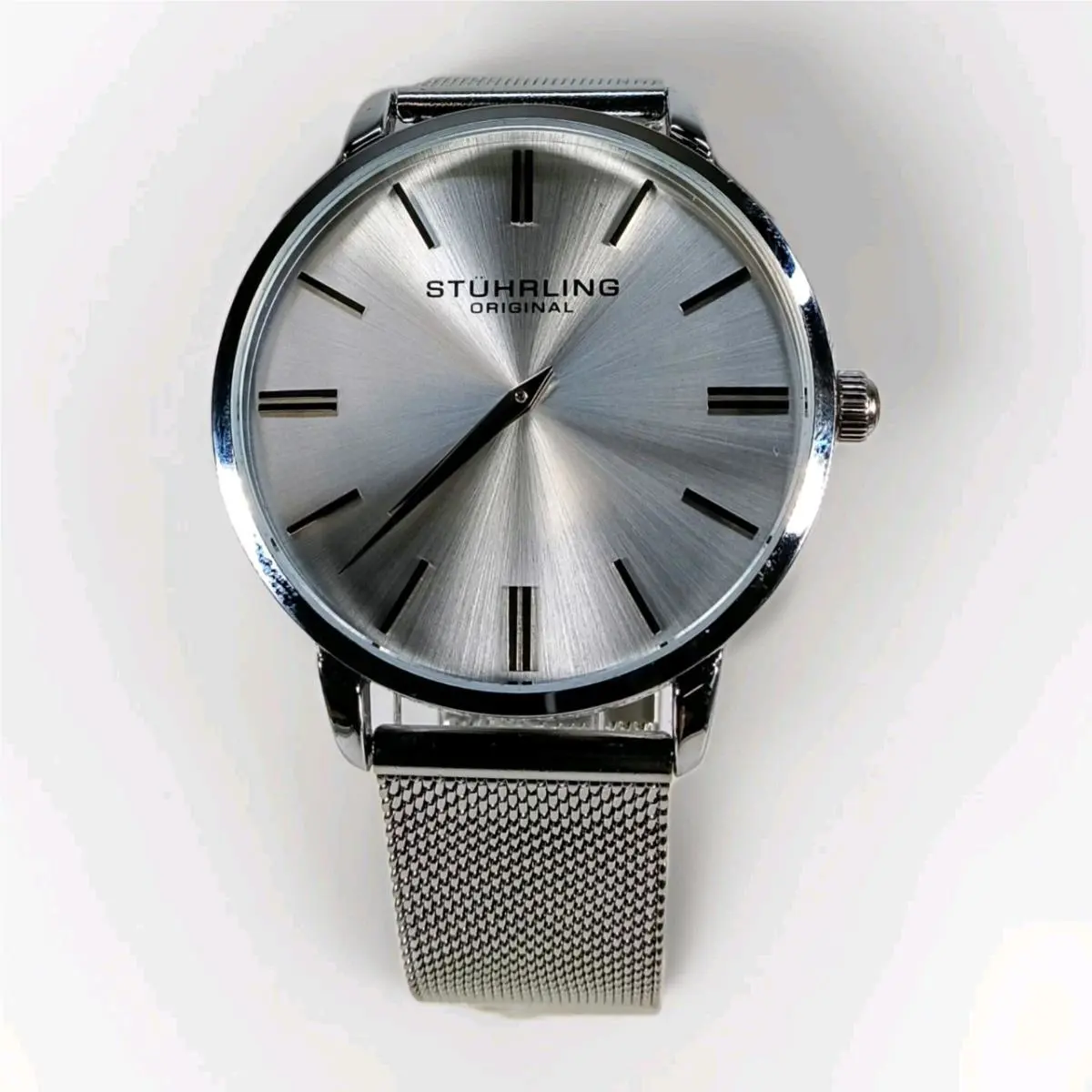 Stuhrling Original St Hrling Men`s Silver Mesh Dress Watch Sunburst Dial Quartz