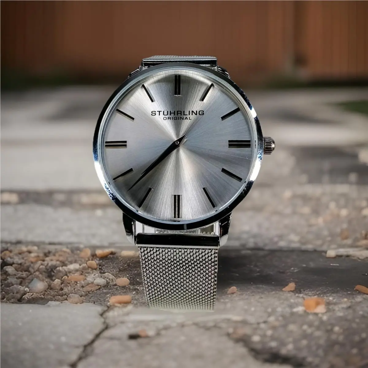 Stuhrling Original Stührling Men`s Silver Mesh Dress Watch Sunburst Dial Quartz