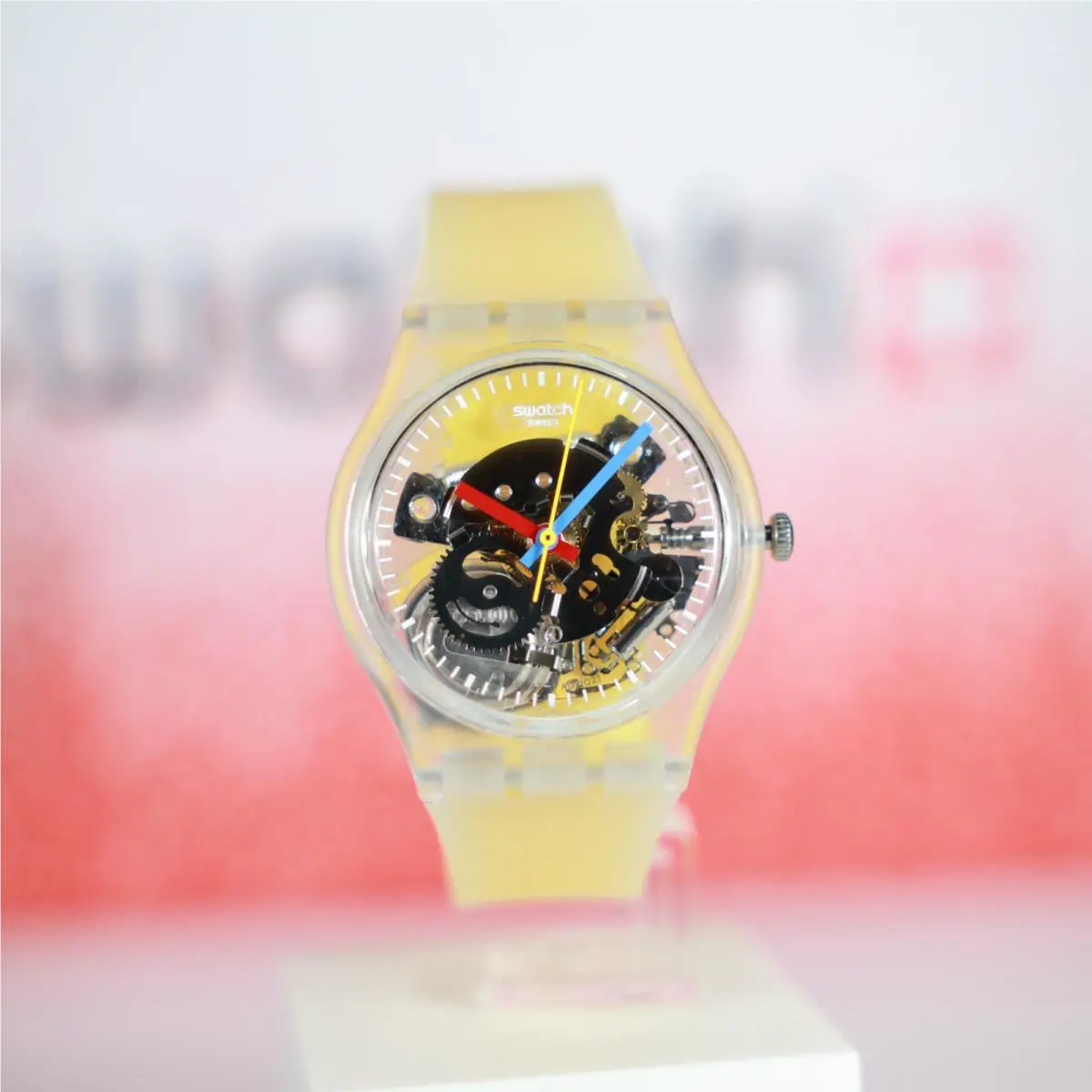 Limited Swiss Made Swatch GE291 Clearly Yellow Striped 34MM Transparent