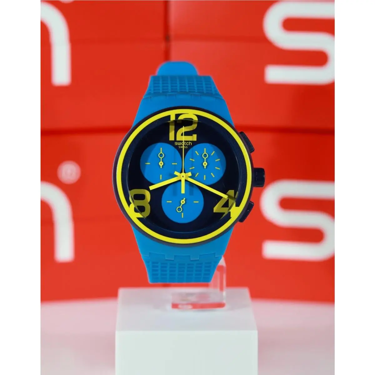 Swiss Rare Limited Swatch On Your Mark Blue Yellow SUSS100 42MM Chronograph
