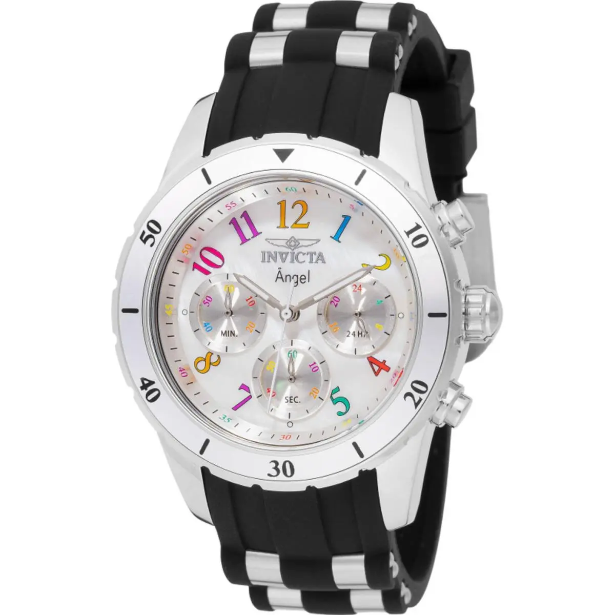 Invicta Women`s Watch Angel Quartz White Dial Black and Silver Tone Strap 49802 - Dial: White, Band: Black, Silver