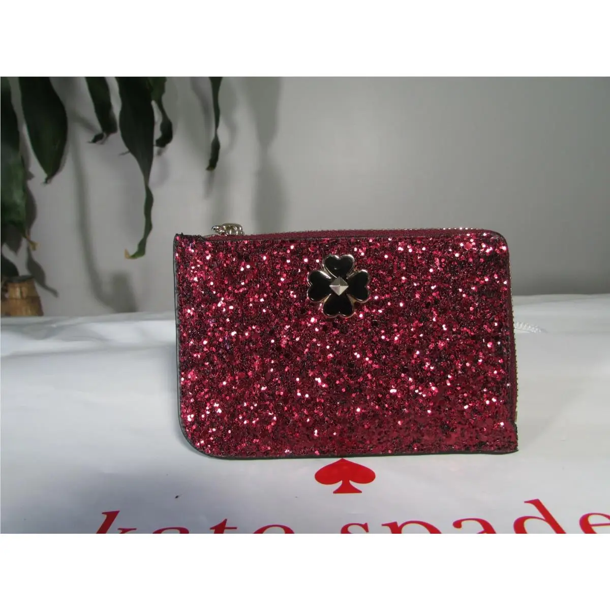 Odette Glitter Medium L-zip Card Holder Wallet Black Cherry by Kate Spade