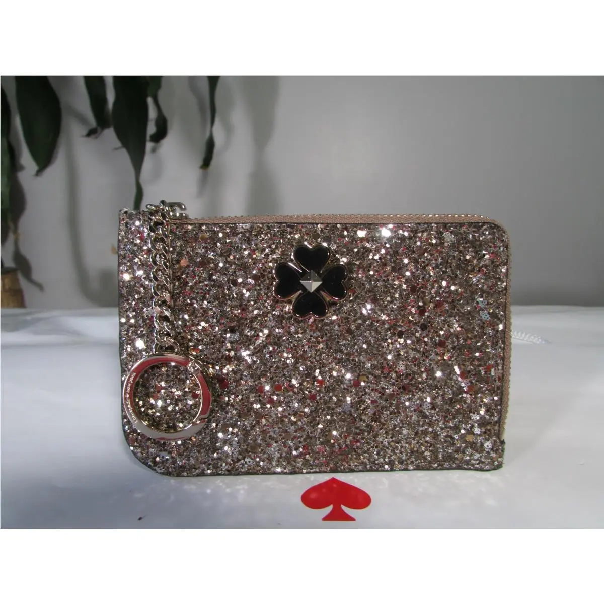 Odette Glitter Medium L-zip Card Holder Wallet Rose Gold by Kate Spade
