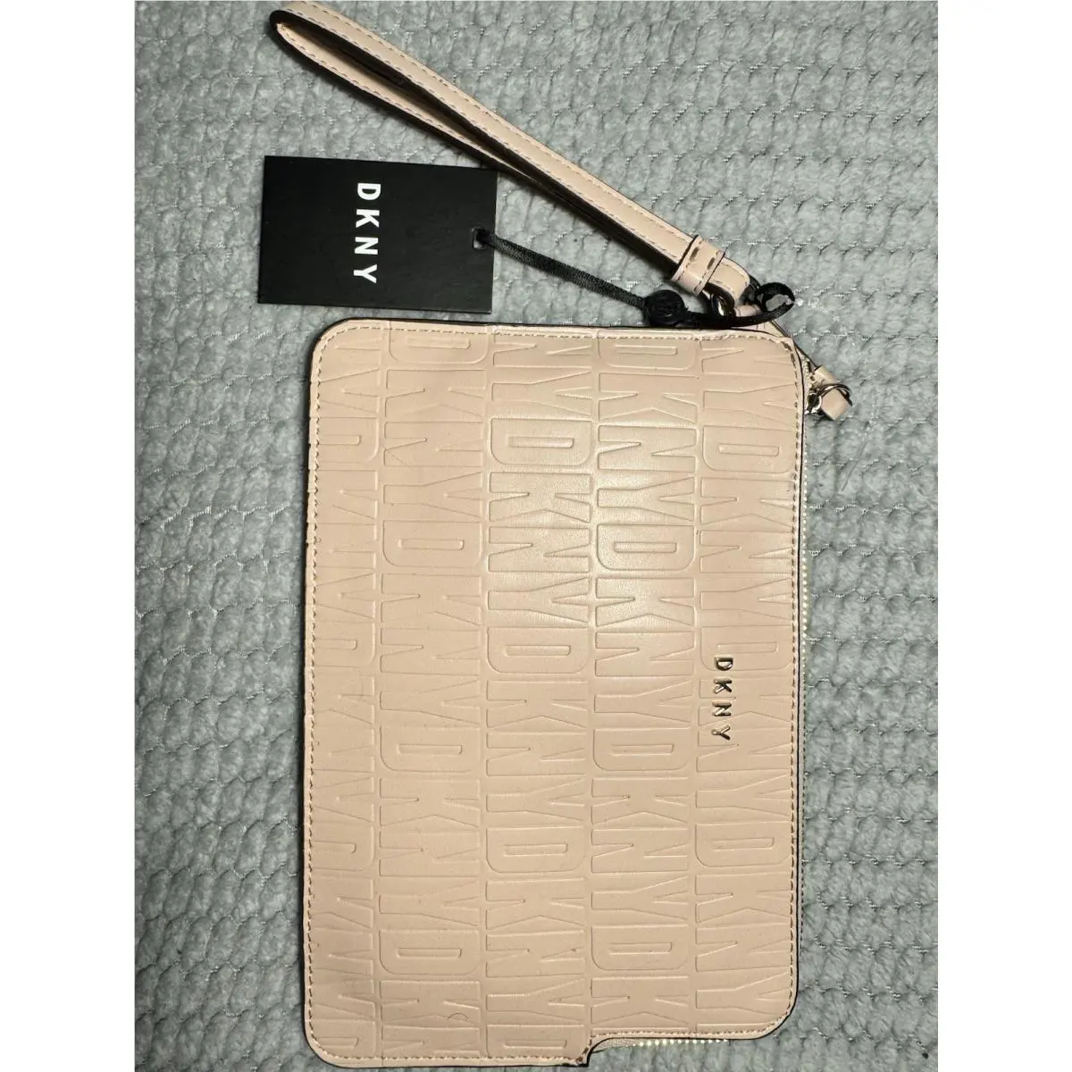 Dkny Wristlet Wallet Medium Pouch Pink Embossed Logo Pattern PU Leather