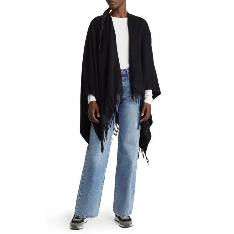 Rag Bone Fringed Cashmere Ruana in Black