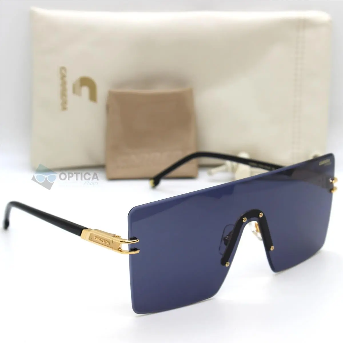Carrera 1075/S Rimless Square Shield Unisex Sunglasses Gold Black Rhl