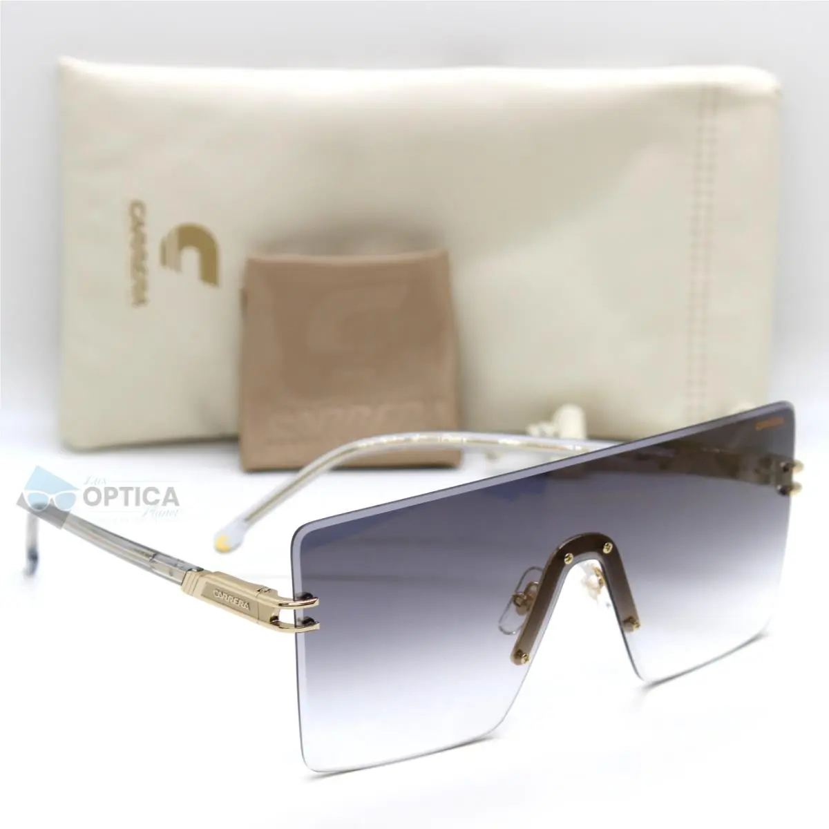 Carrera 1075/S Rimless Square Shield Unisex Sunglasses Gold Grey 2F7
