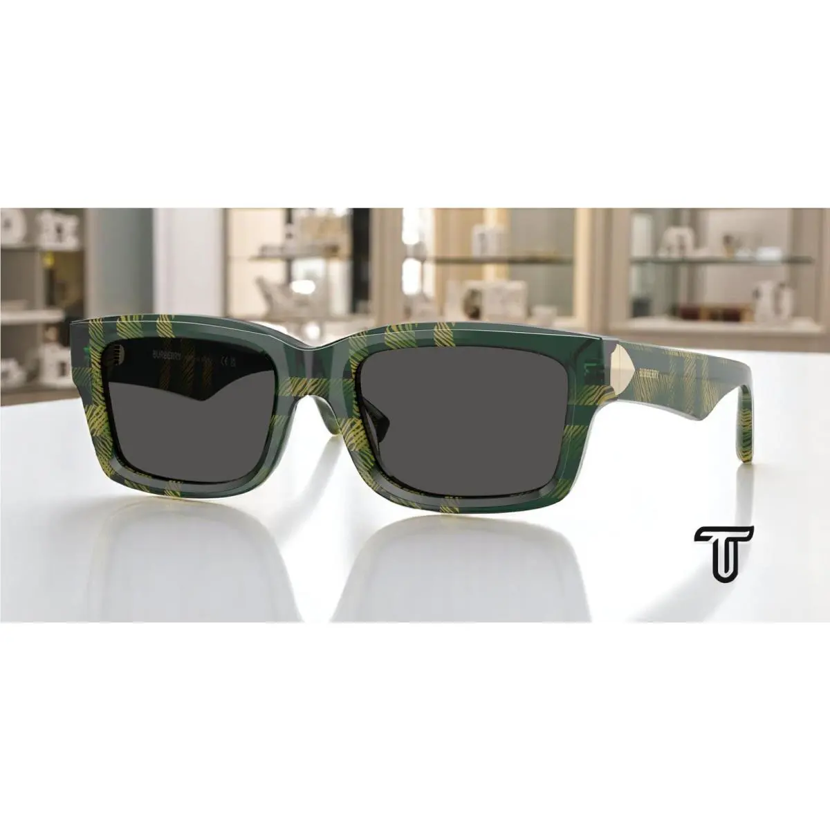 Burberry BE4443F 412587 Check Green Dark Grey 55 mm Men`s Sunglasses