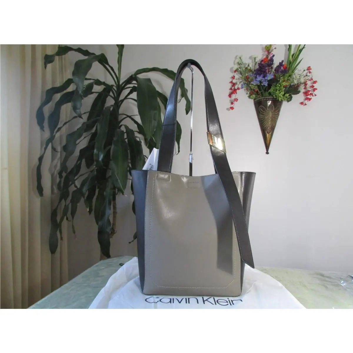 Karsyn Nappa Leather Belted Tote Molasses/Black by Calvin Klein