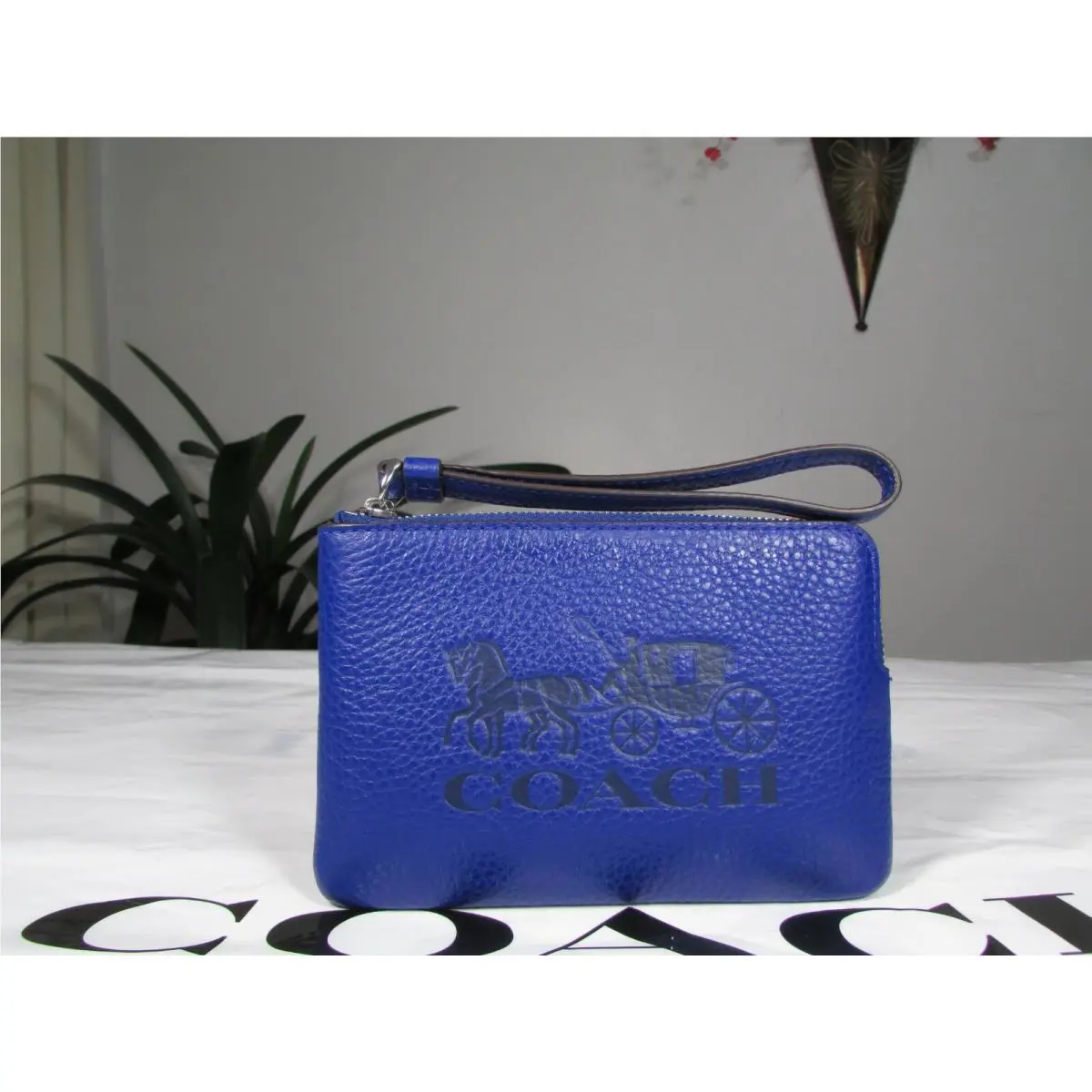Pebble Leather Horse and Carriage Corner Zip Wristlet C7420 Sport Blue by Coach